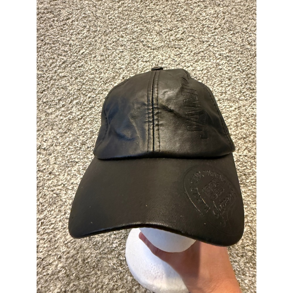 Mens Black Faux Leather Baseball Cap "Live The World" Vintage Style Adjustable